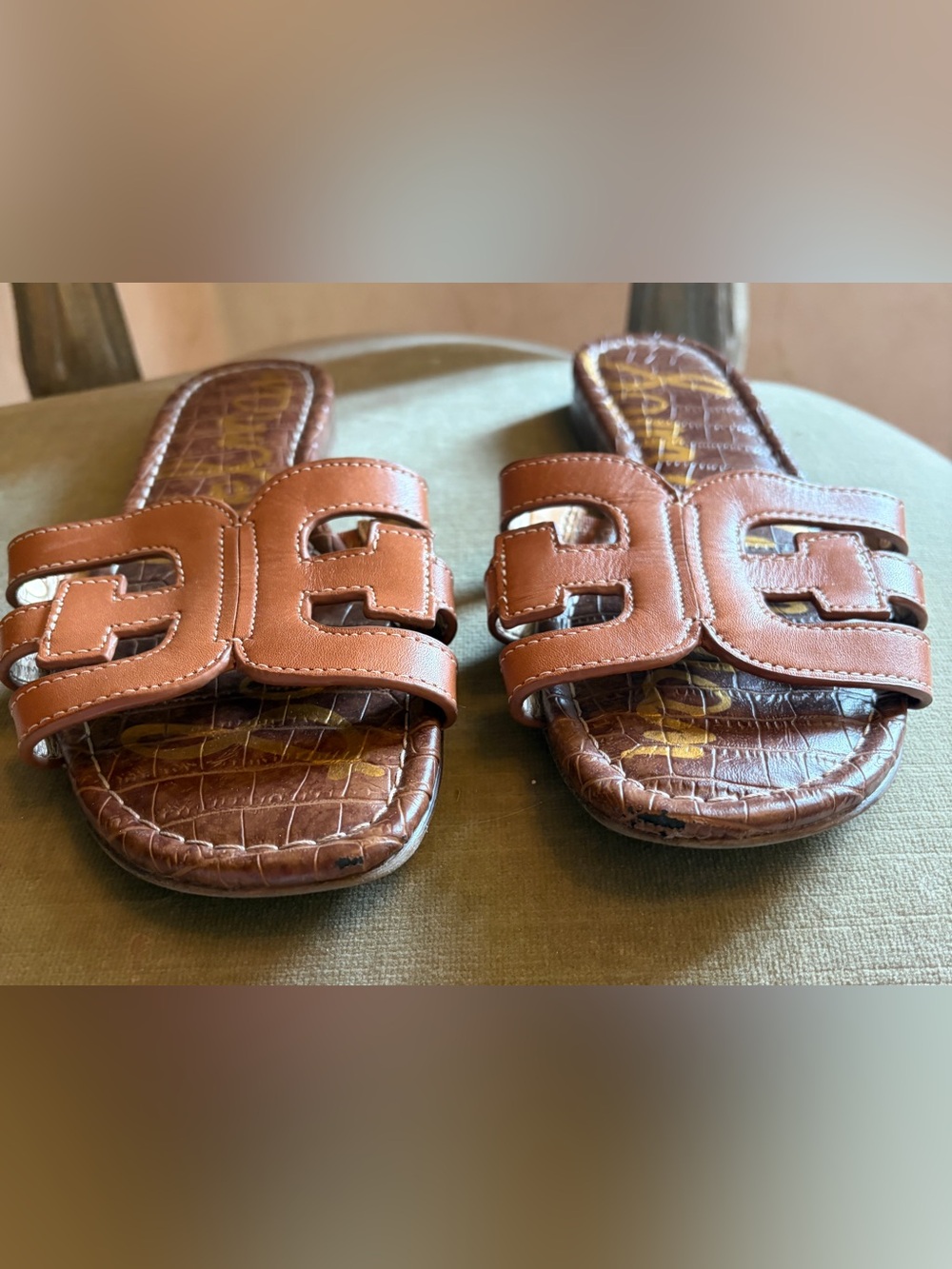 Sam Edelman $100 Embossed Leather Bay Slide 6.5 Cognac Excellent - Picture 4 of 5
